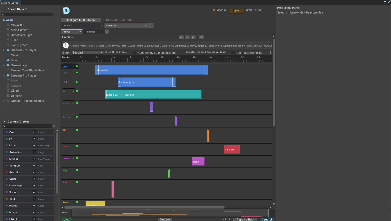 The Dream Editor, with the timeline filling the window and panels around it.